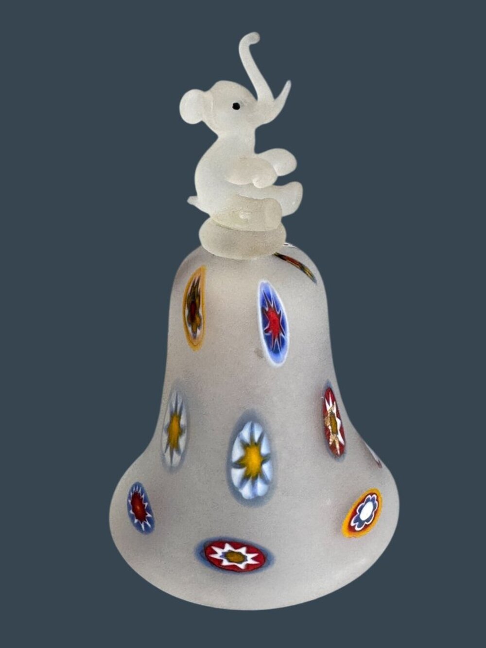 Vintage Frosted Art Glass Bell Millefiori Elephant Finial Hand Blown 5¼" Tusk Ch - Picture 3 of 9